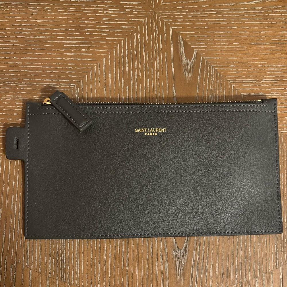 Saint Laurent Black Leather Zip Wristlet Clutch with Gold Logo